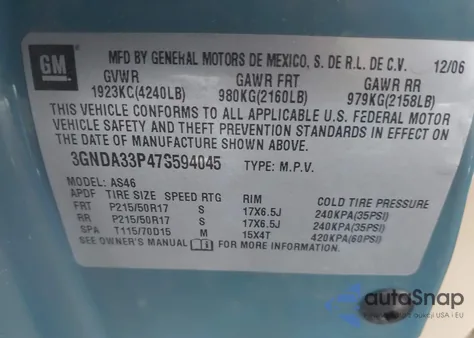 2007 Chevrolet Hhr Lt z USA, uszkodzony, nr VIN 3GNDA33P47S594045